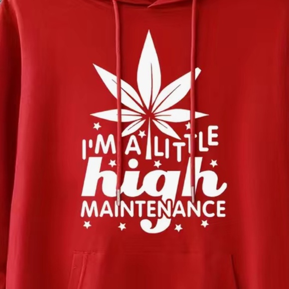 NWT 🌱 RED “A LITTLE HIGH MAINTENANCE” HOODED CANNABIS SWEATSHIRT Size Unisex M - Picture 2 of 8